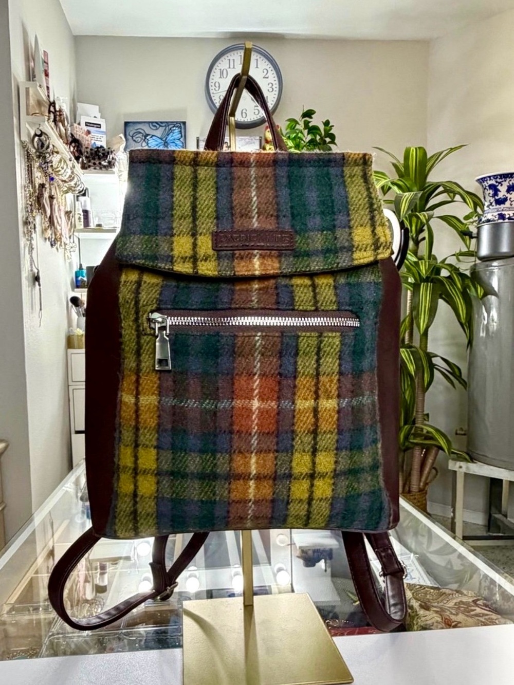 Patrick Kins Woollen Company Plaid Backpack | Tartan Wool Style | Brown Leather